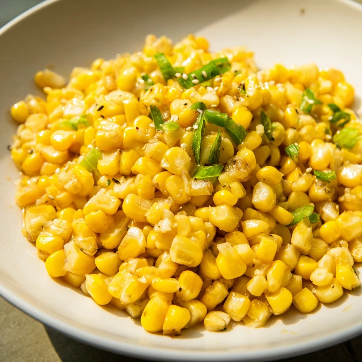 Freshly cooked Japanese Butter Corn with garlic, soy sauce, and scallions in a serving bowl.