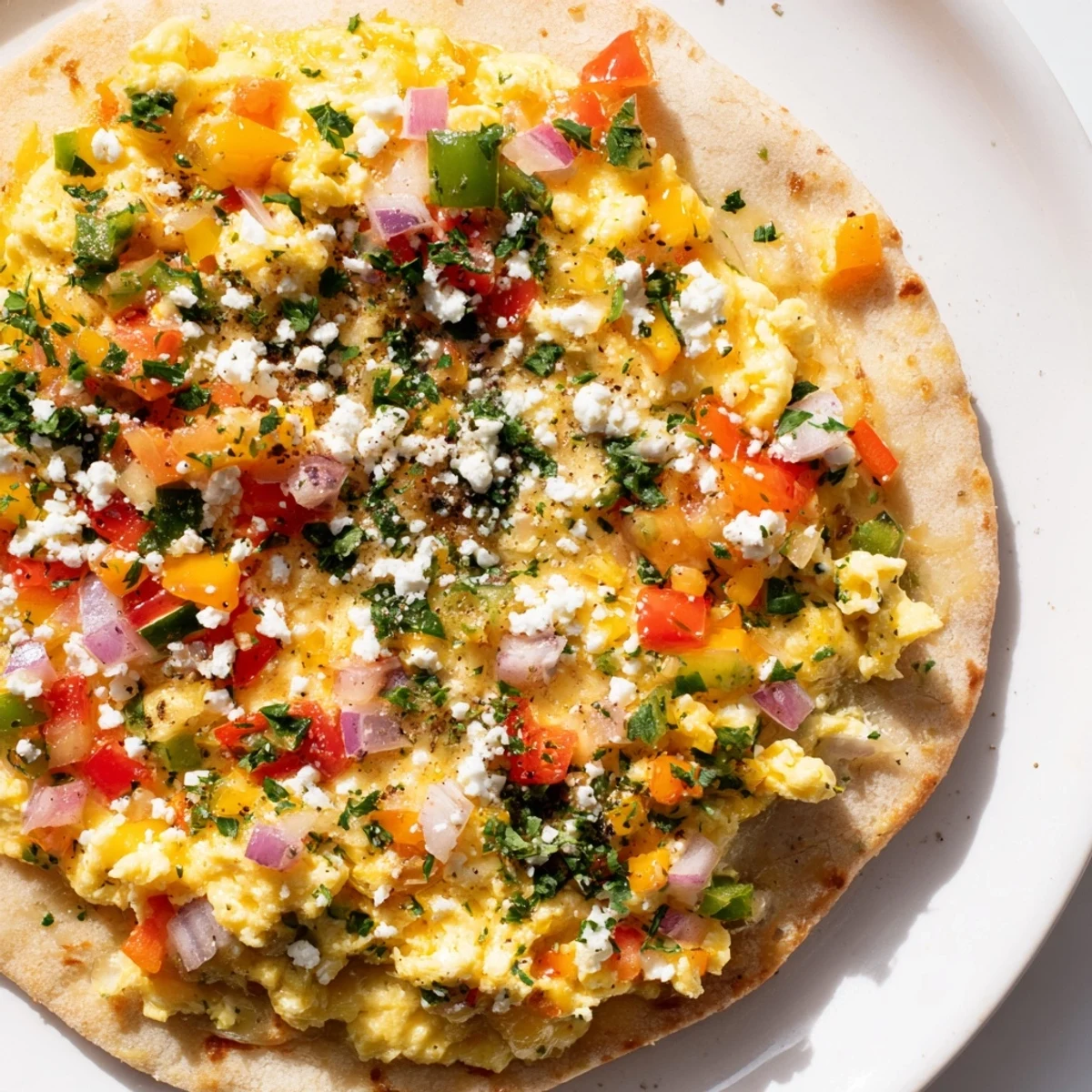 Golden-crusted Turkish menemen eggs pizza with vibrant red peppers and tomatoes, warm from the oven.