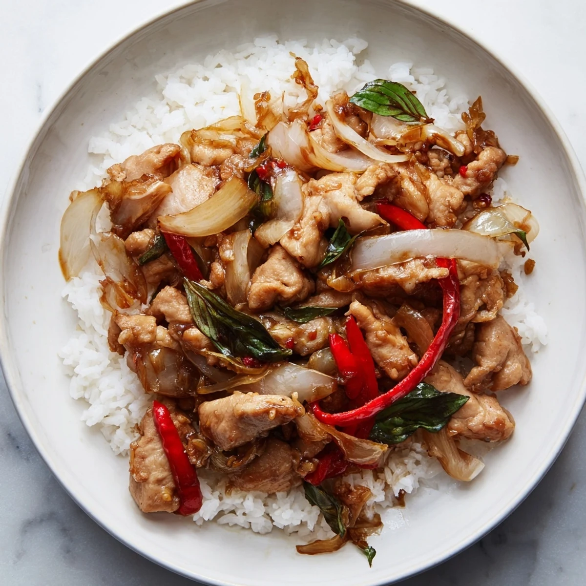 Fragrant Thai Basil Chicken Bowls with fresh basil and tender chicken, ready to serve.