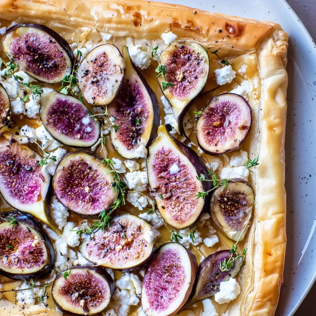 Puff Pastry Truffle Pizza with figs and goat cheese, glistening with truffle oil and ready to serve.
