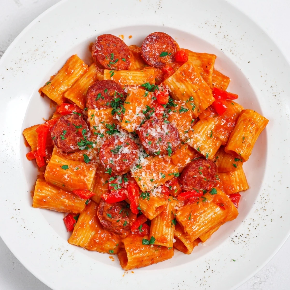 Savory Spanish chorizo pasta, coated in a rich tomato sauce, ready to serve with cheese.