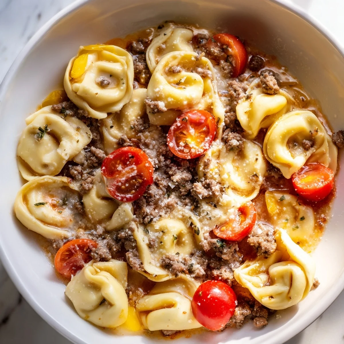 Aromatic Tortellini Beef Soup, steaming in a bowl, with parmesan and basil garnish.