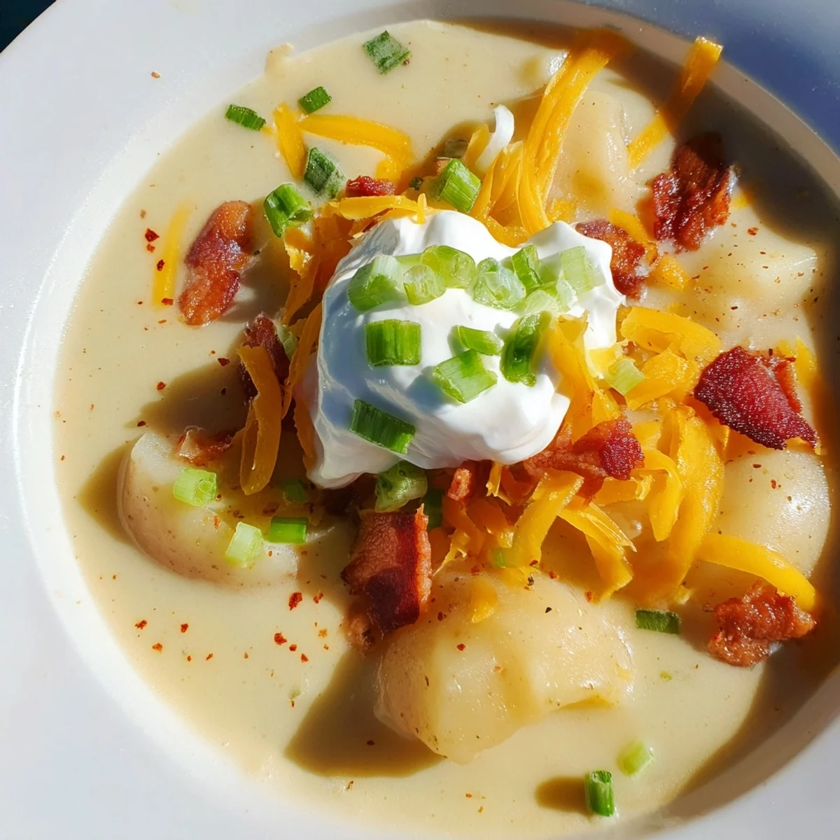 A comforting bowl of Loaded Baked Potato Soup, showcasing hearty potato chunks and crispy bacon.