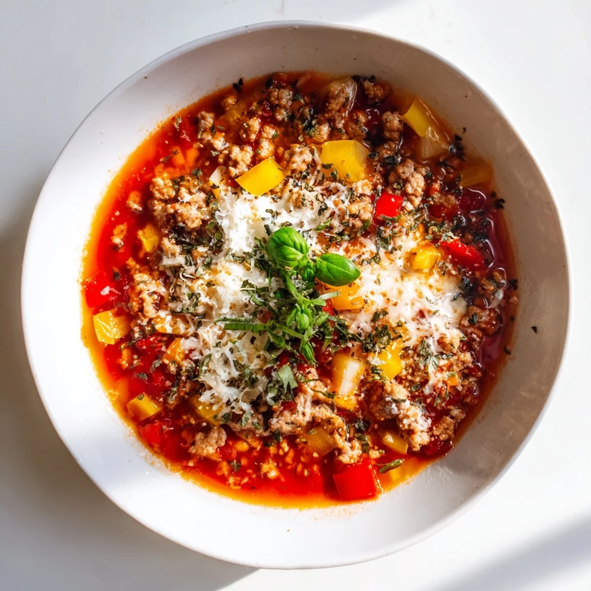 Górny widok na miskę gorącej zupy pizza, podawanej z posiekaną bazylią i startą mozzarellą.