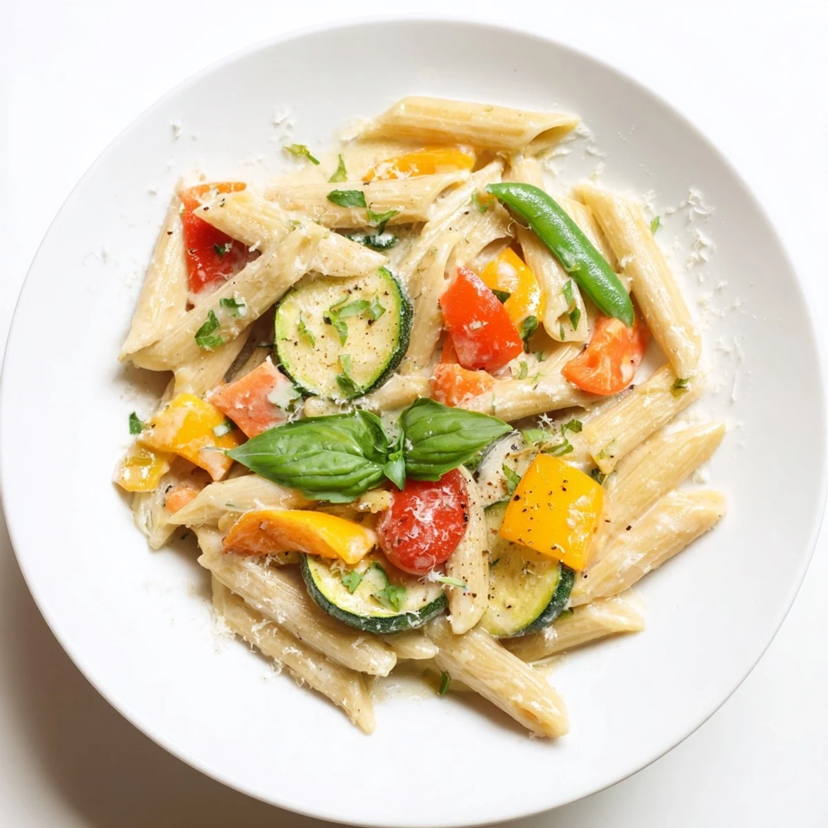 Enjoy this easy One-Pot Creamy Pasta Primavera recipe tonight, filled with colorful, tender vegetables.