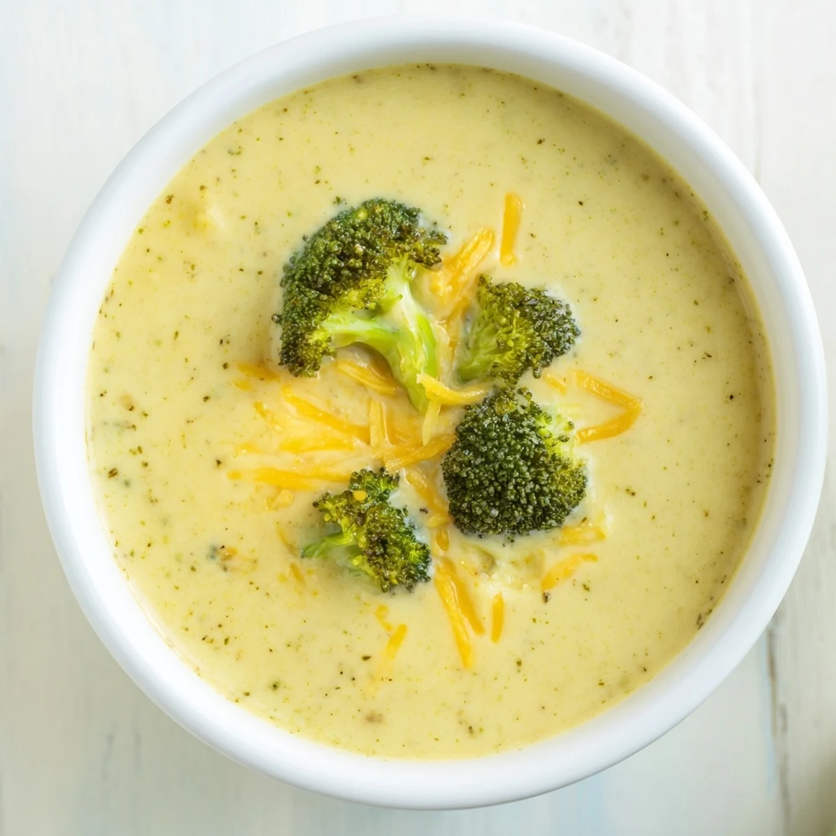 Grated cheddar melts into this richly flavored Broccoli Cheddar Soup, ready to serve with bread.