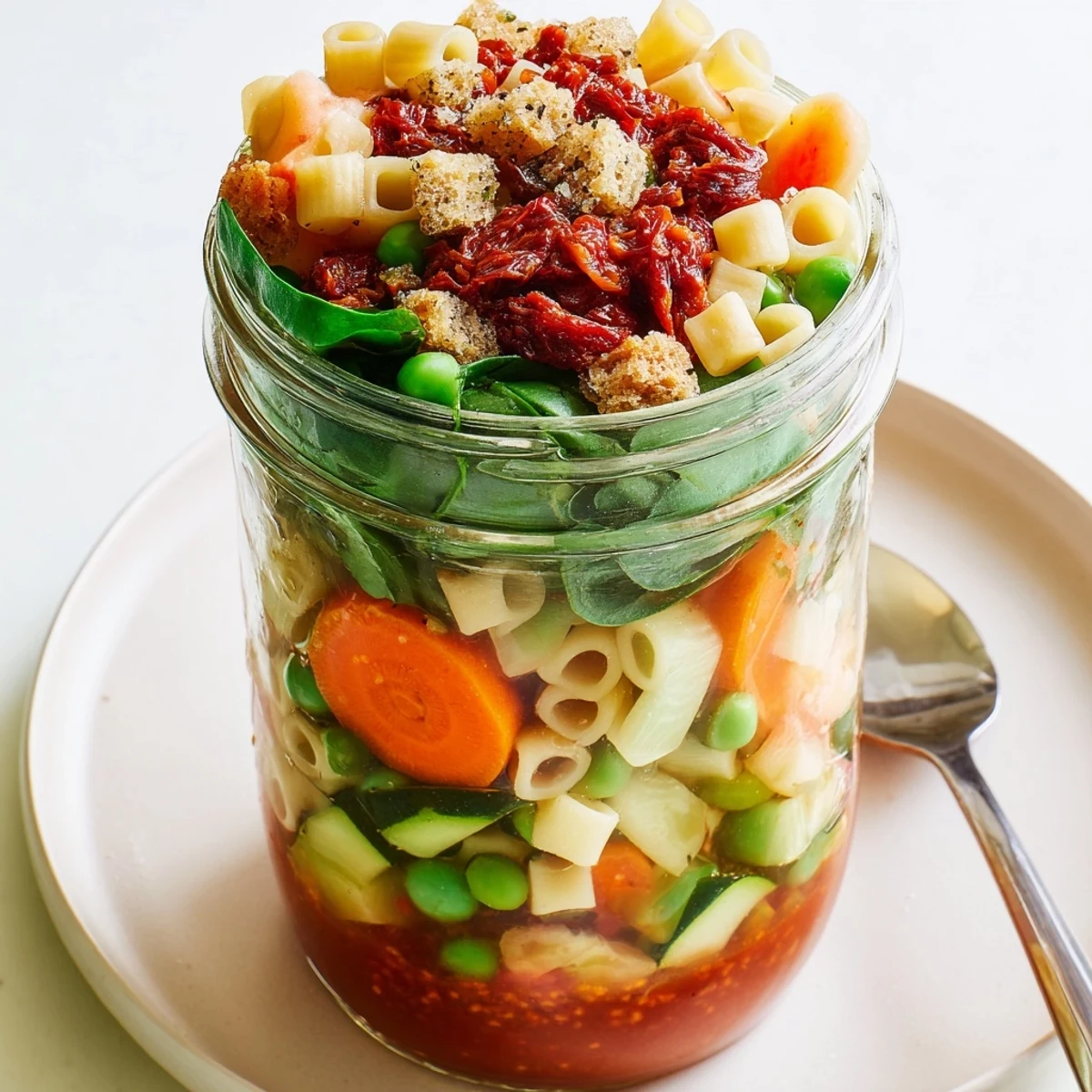 A view of layered Minestrone Soup ingredients in a jar, ready for boiling water.