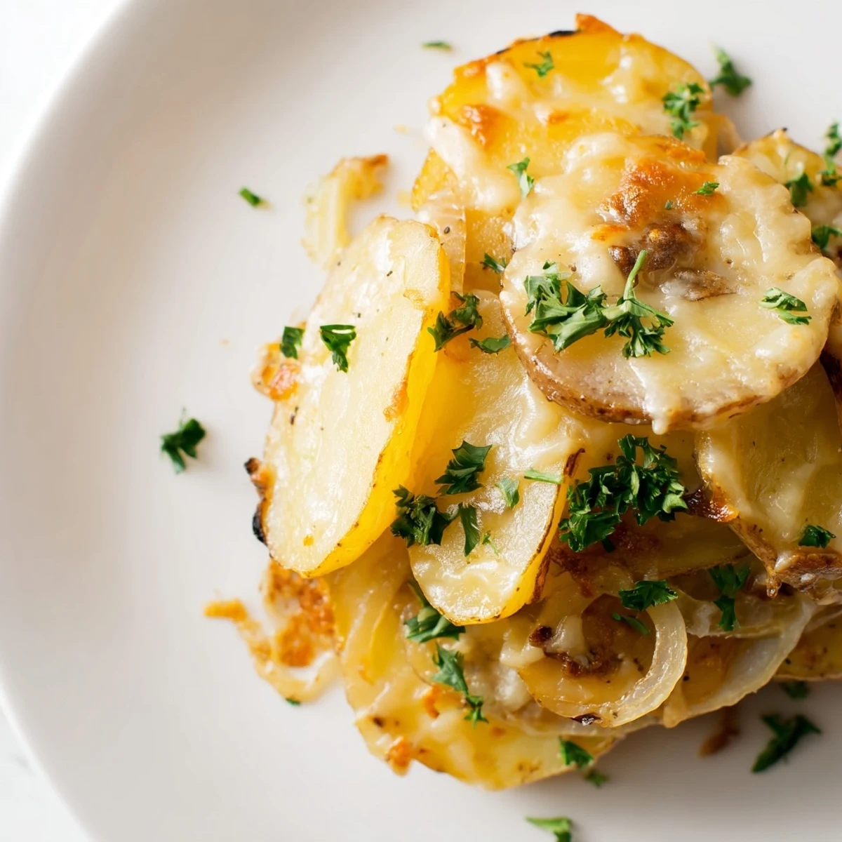 Close-up of baked French Onion Soup Potatoes, showcasing caramelized onions and golden potatoes.