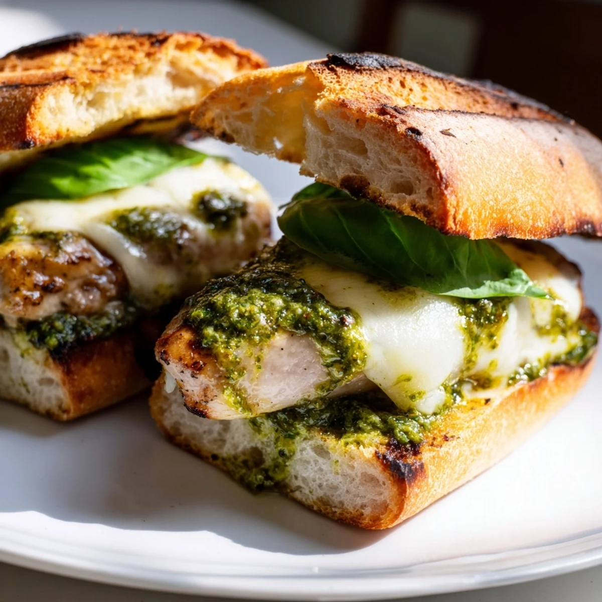 Close-up of a warm and melty Pesto Chicken Melt, perfect for lunch or dinner.