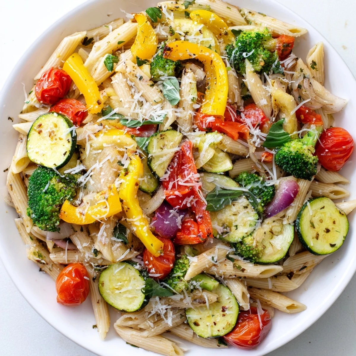 Apetyczna Pasta Primavera z pieczonymi warzywami, aromatycznym czosnkiem i świeżymi ziołami.
