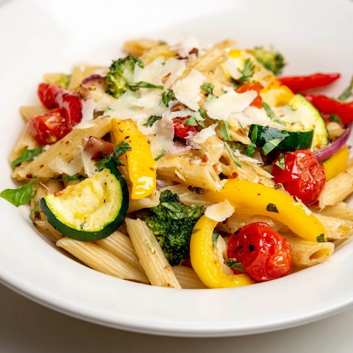 Gorąca miska Pasta Primavera z penne, warzywami i lekkim sosem oliwnym, idealna na obiad.