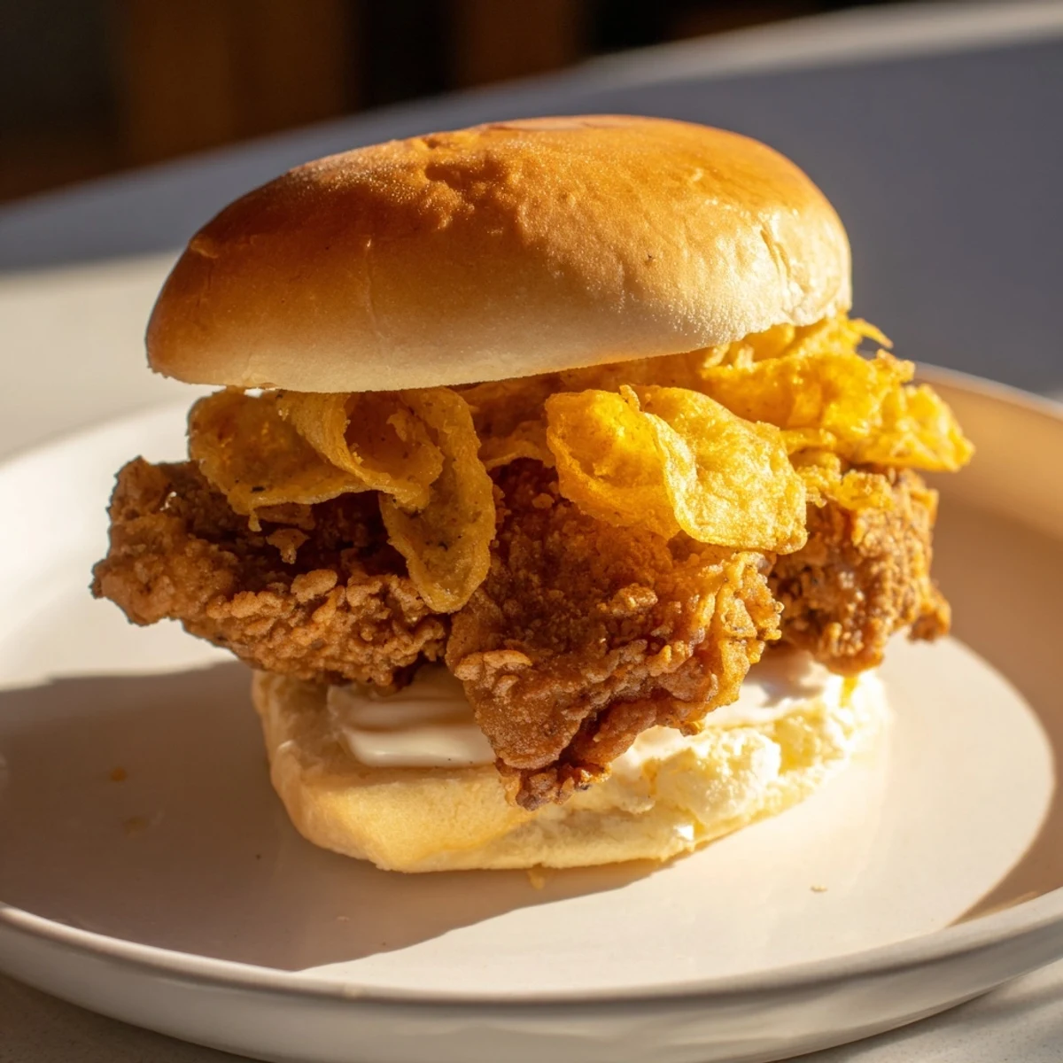 Kryspi kanapka z kurczakiem i cebulką prezentuje się apetycznie: złoty kurczak na puszystej bułce.