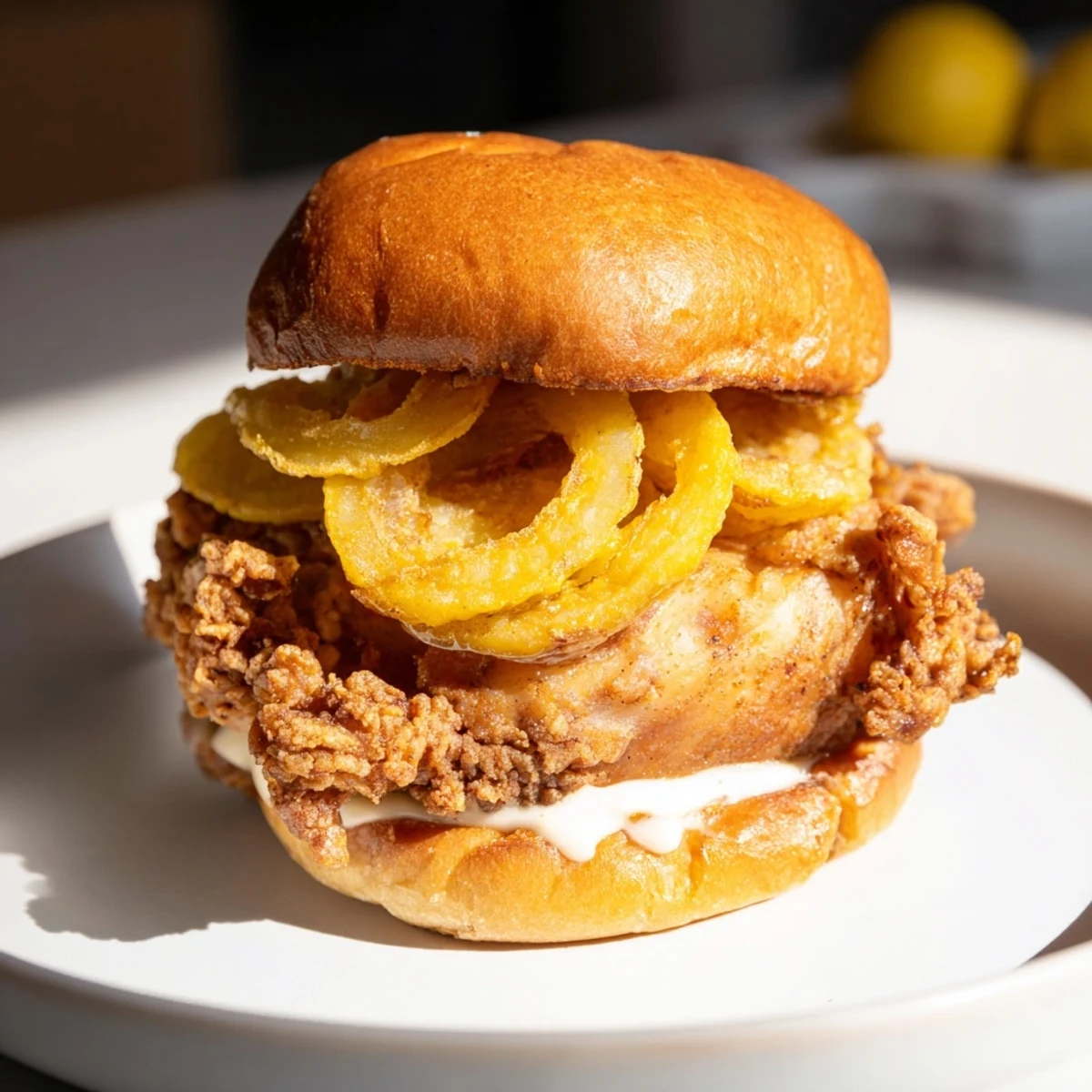 Wyśmienita kanapka z kurczakiem i cebulą, z soczystym kurczakiem i chrupiącą cebulką wewnątrz.