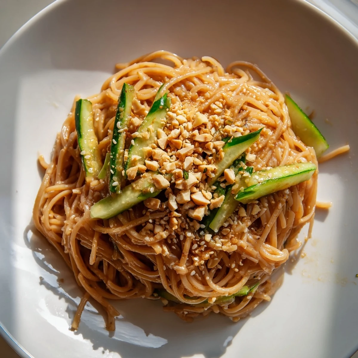 Enjoy a bowl of Spicy Sesame Noodle Salad; imagine the textures and taste of this Asian-inspired dish.