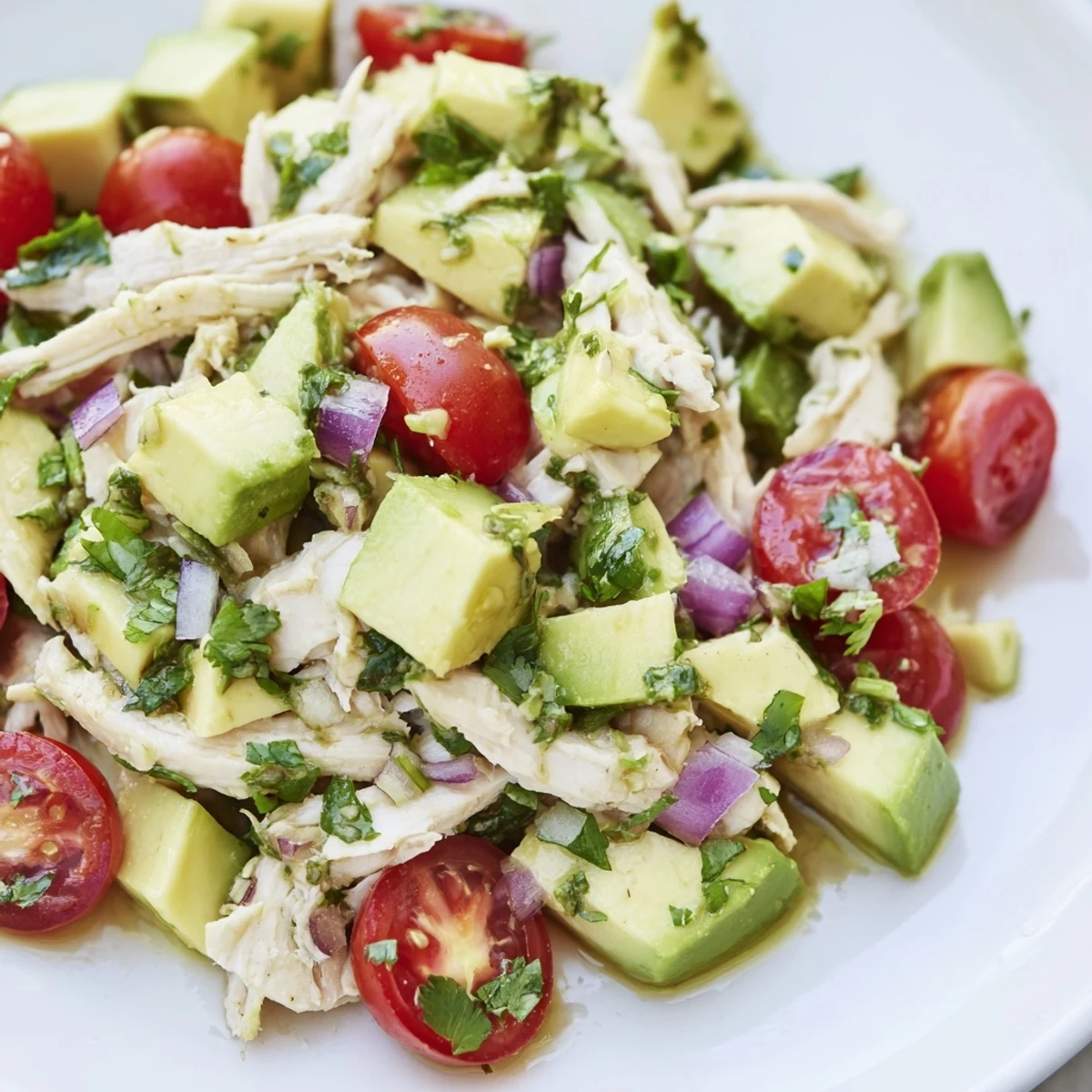 Close-up of a refreshing avocado chicken salad, ready to eat with vibrant herbs.