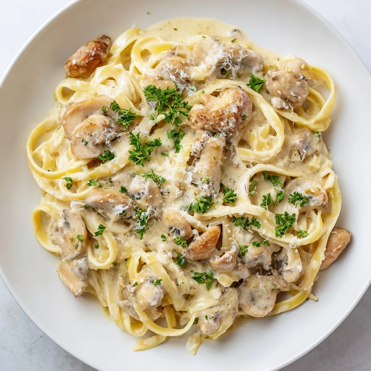 Creamy Mushroom Alfredo recipe: A warm, creamy pasta dish with parmesan and fresh parsley garnish.
