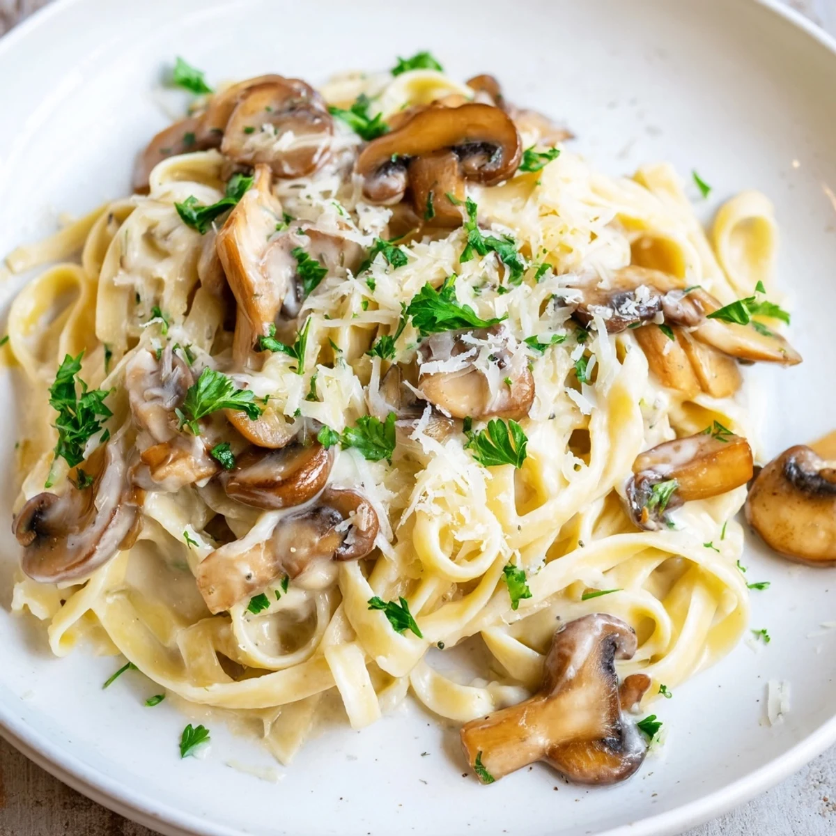 Delicious Creamy Mushroom Alfredo, with golden sautéed mushrooms, served hot and inviting.