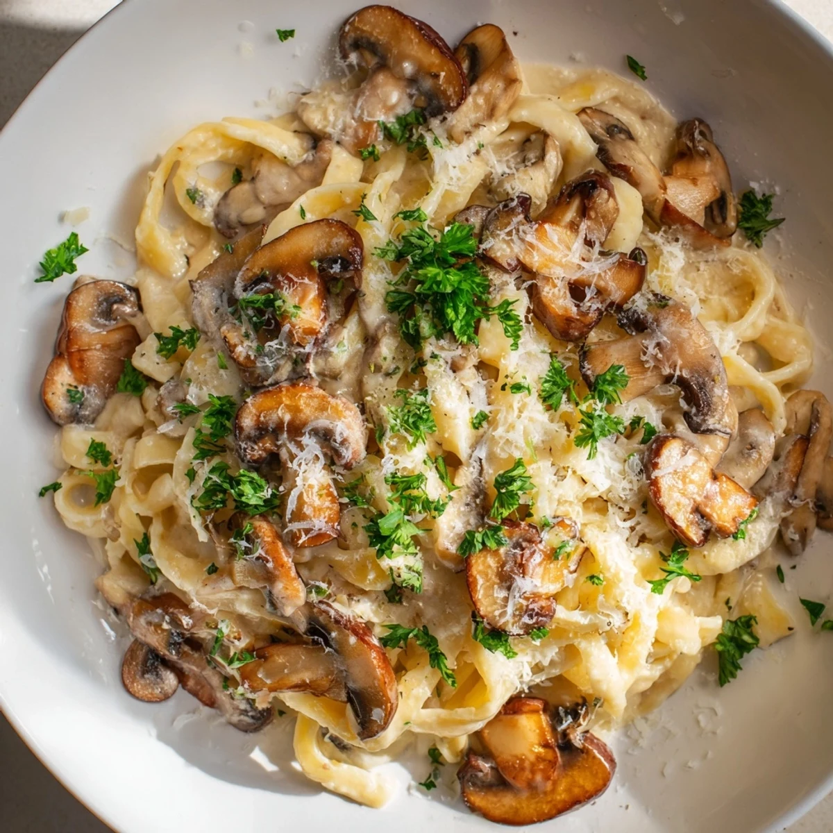 Tempting view of Creamy Mushroom Alfredo; a flavorful Italian dinner with rich cream sauce.