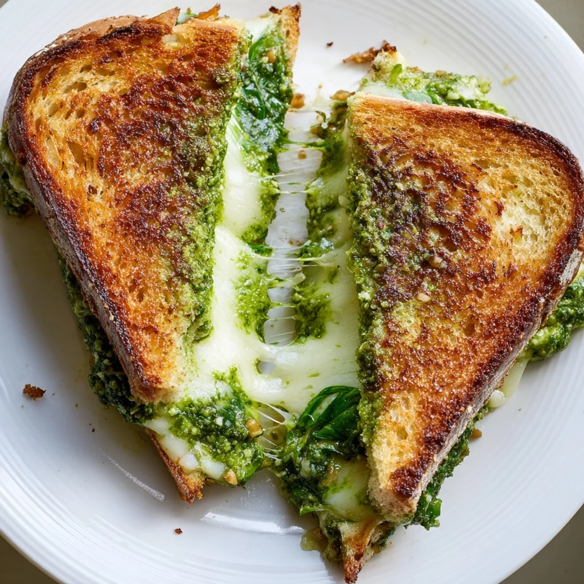 A close-up of a Spinach Pesto Grilled Cheese, showing the spinach pesto filling and melted cheese.