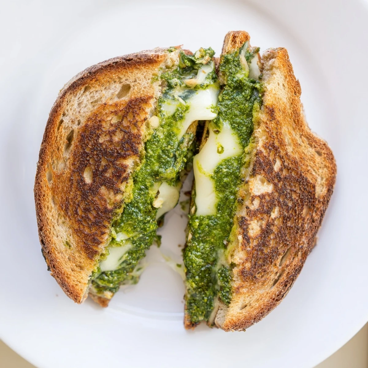 Golden, grilled Spinach Pesto Grilled Cheese, cut in half to showcase the flavorful filling.