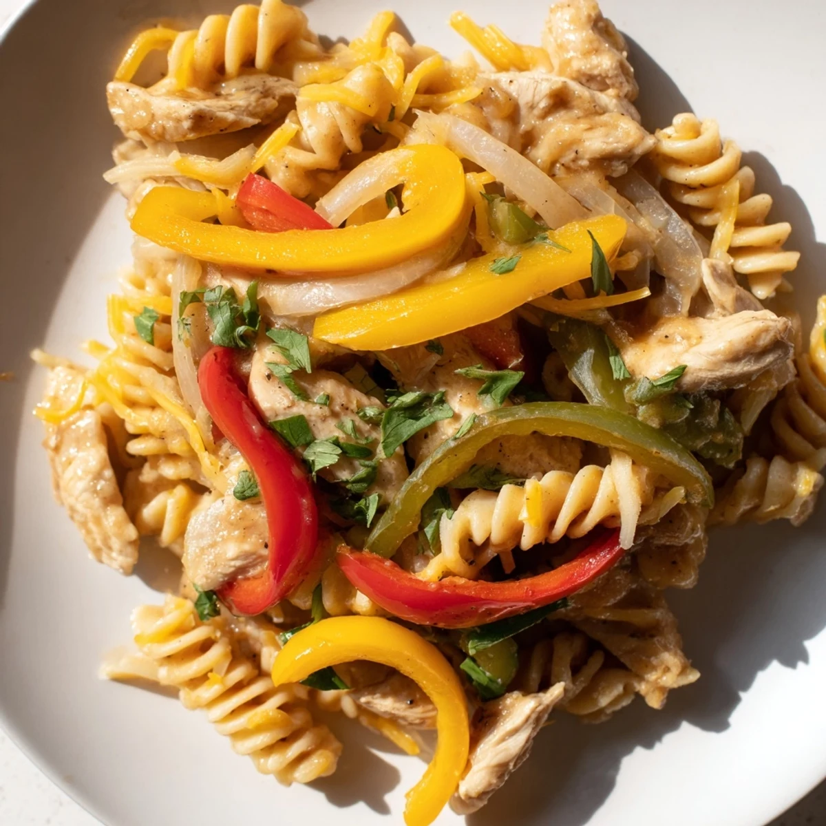 Tender chicken fajita pasta skillet, brimming with colorful peppers, a quick family dinner.