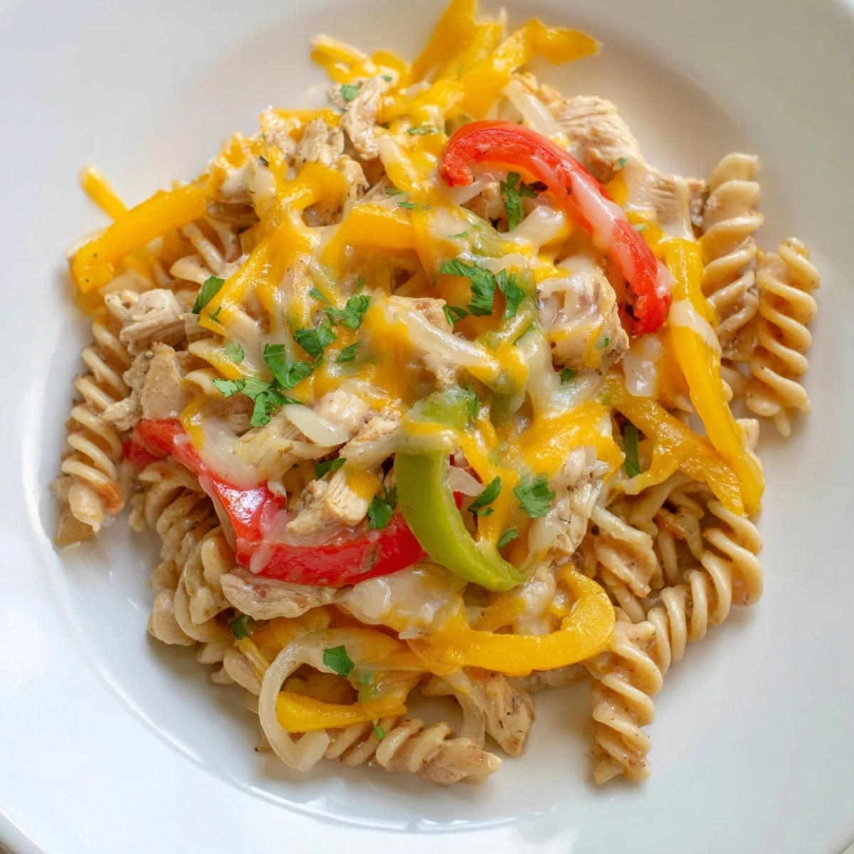 Flavorful chicken fajita pasta skillet, served with fresh cilantro and a lime wedge.