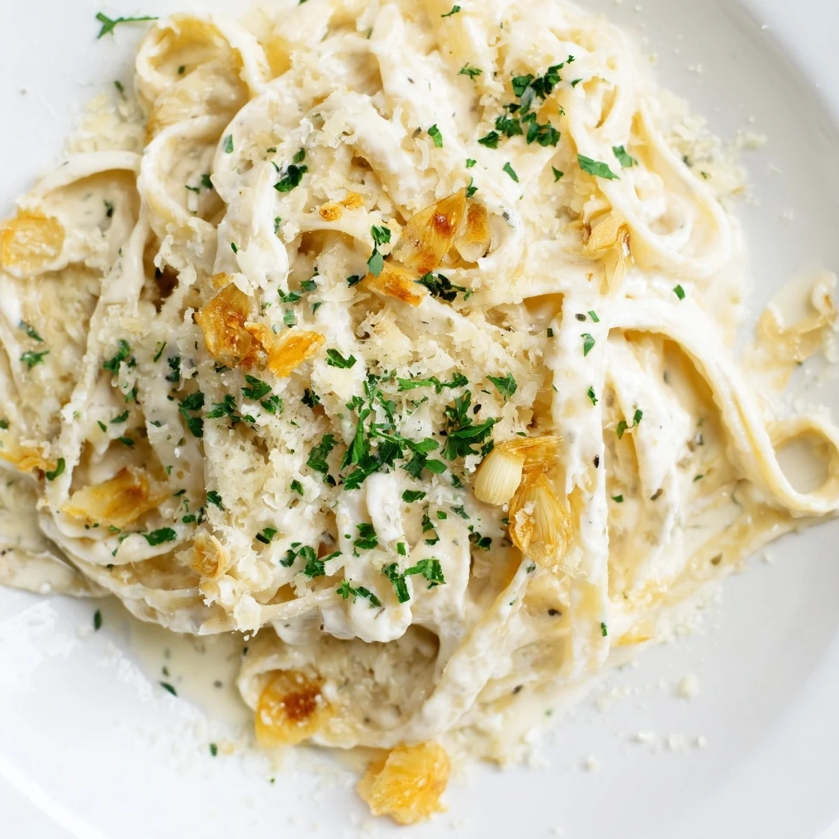 A close-up of Roasted Garlic Cream Pasta shows the sauce clinging to al dente noodles, a delicious dish.