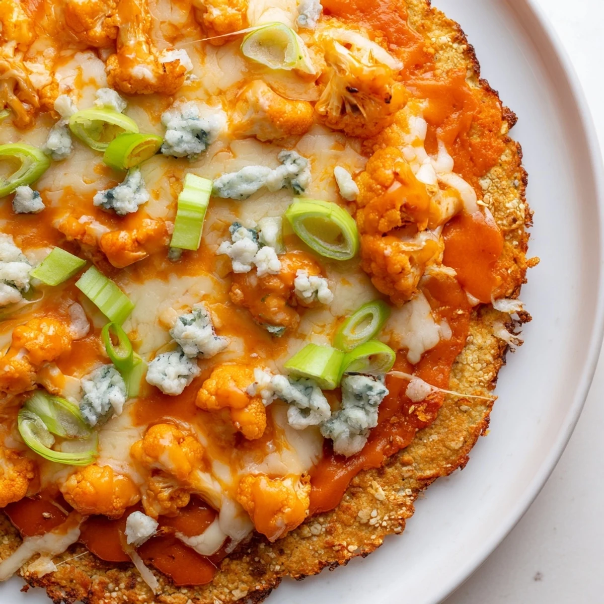 Buffalo cauliflower pizza with bubbly cheese and fresh green onions, a delicious vegetarian meal.