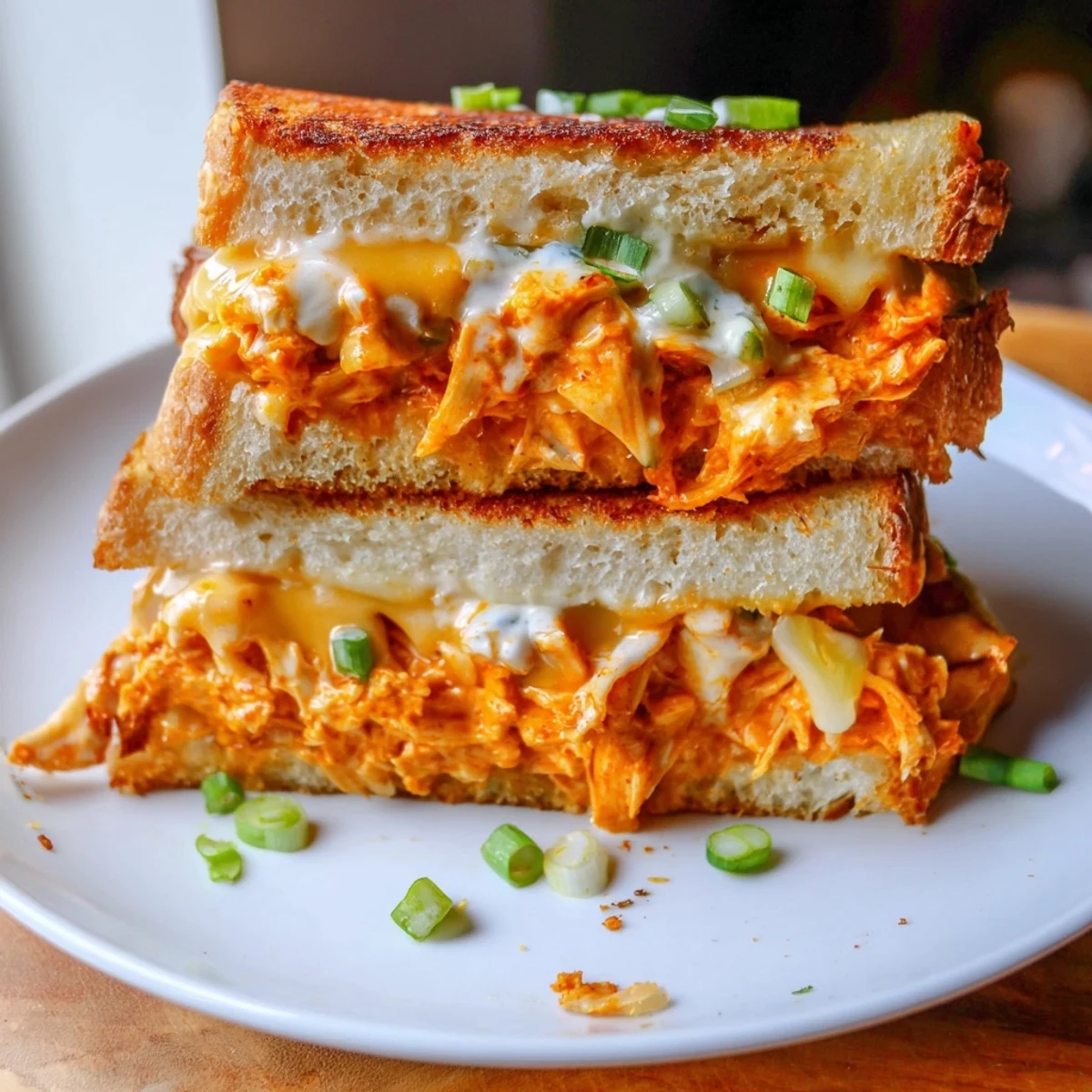 A close-up shot of a Buffalo Chicken Ranch Grilled Cheese, bubbling with melted cheese.