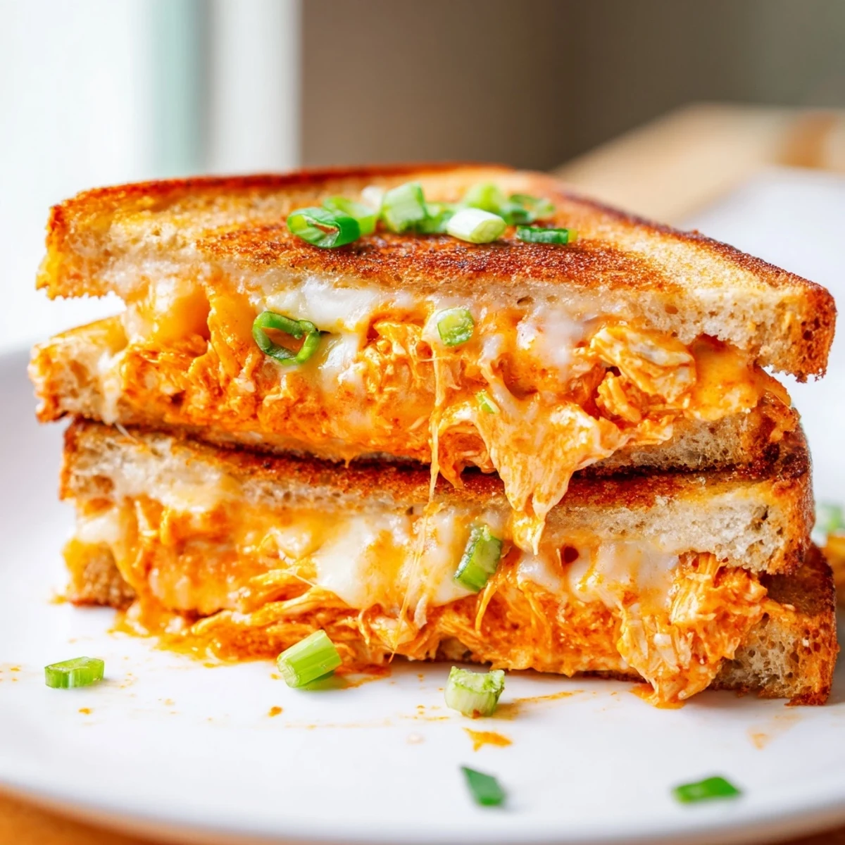 Golden, buttery bread surrounds the spicy buffalo chicken and creamy ranch in this grilled cheese.
