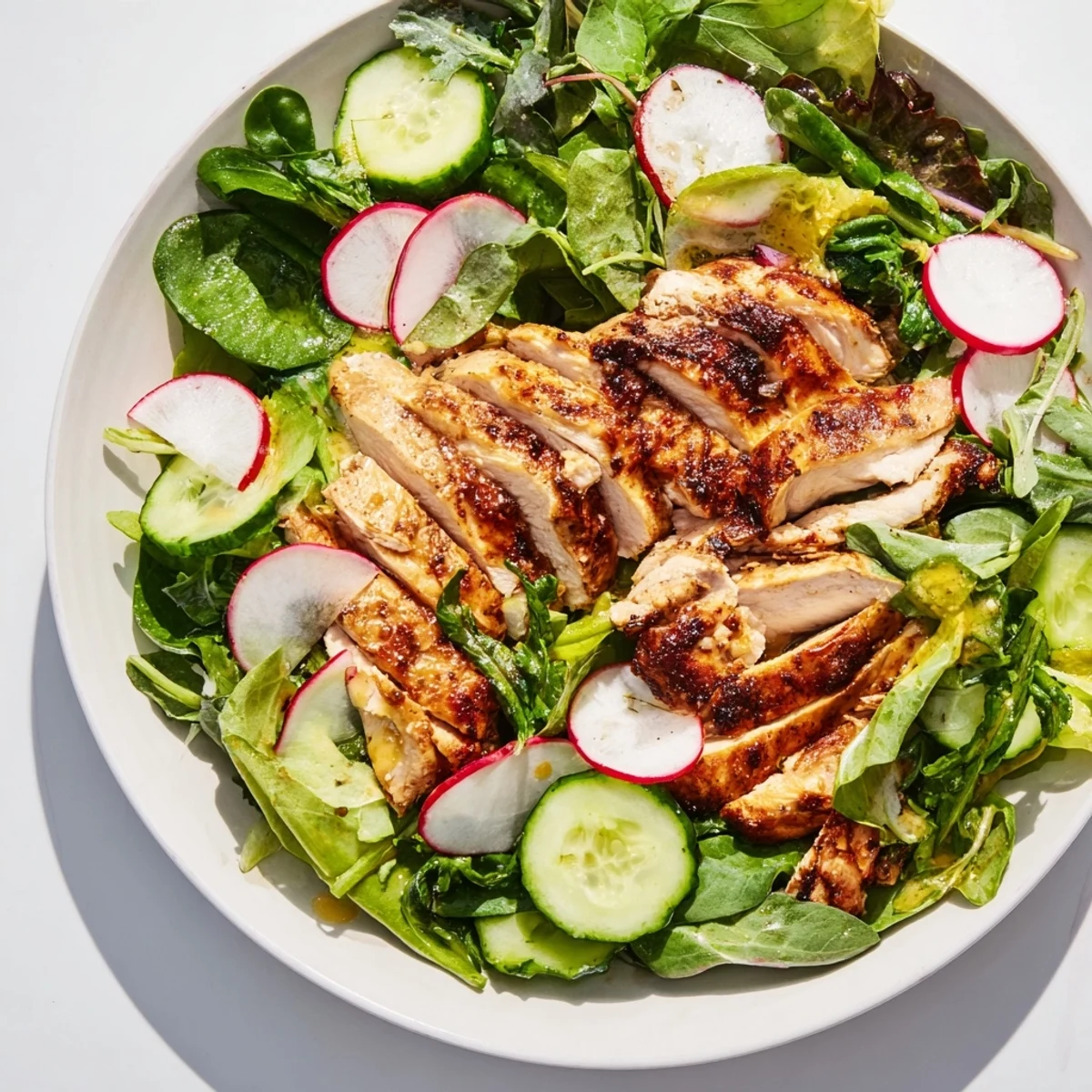 A vibrant bowl of Spring Detox Chicken Salad, perfect with a tangy lemon vinaigrette dressing.
