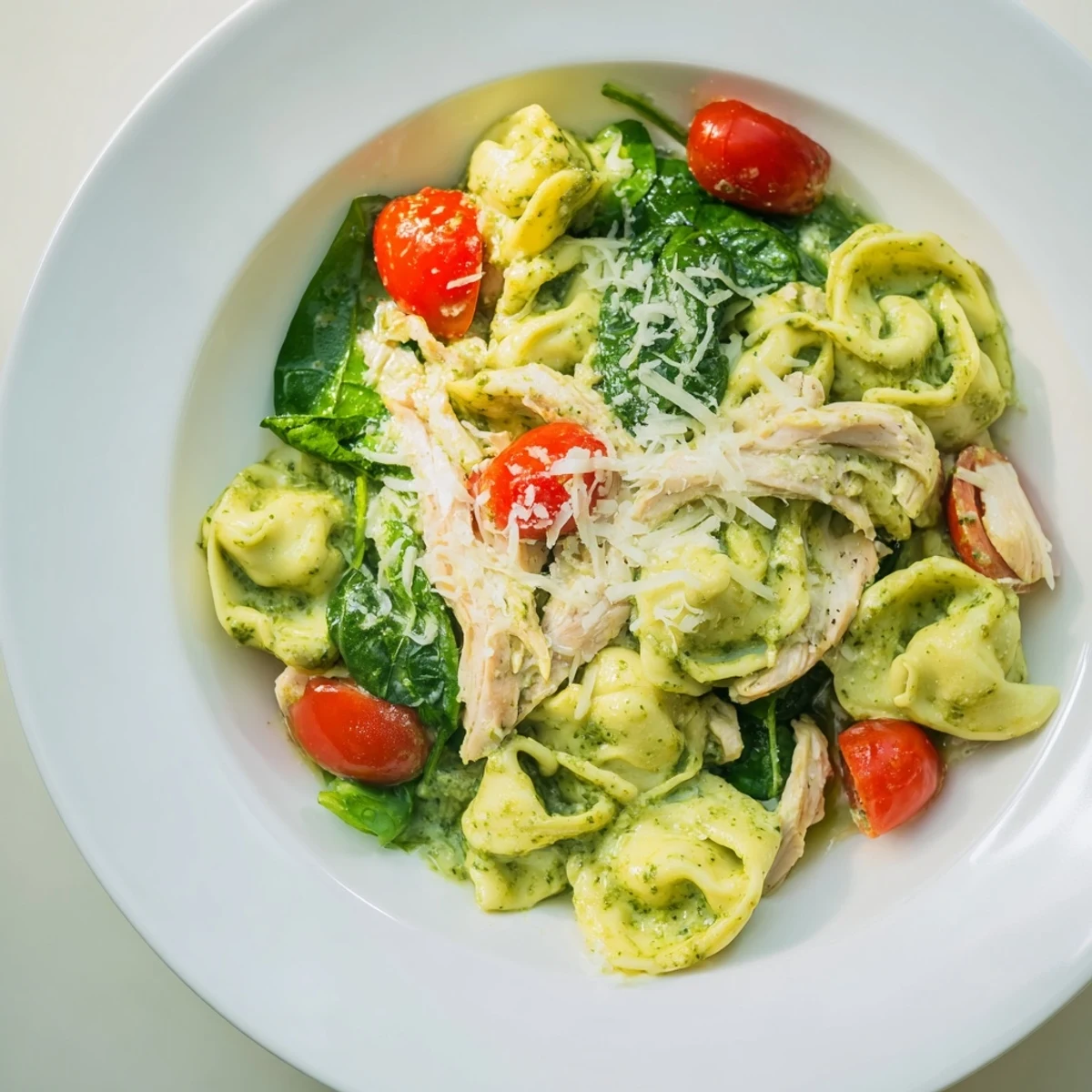 Savory creamy pesto tortellini skillet featuring shredded chicken, spinach, and vibrant red tomatoes.