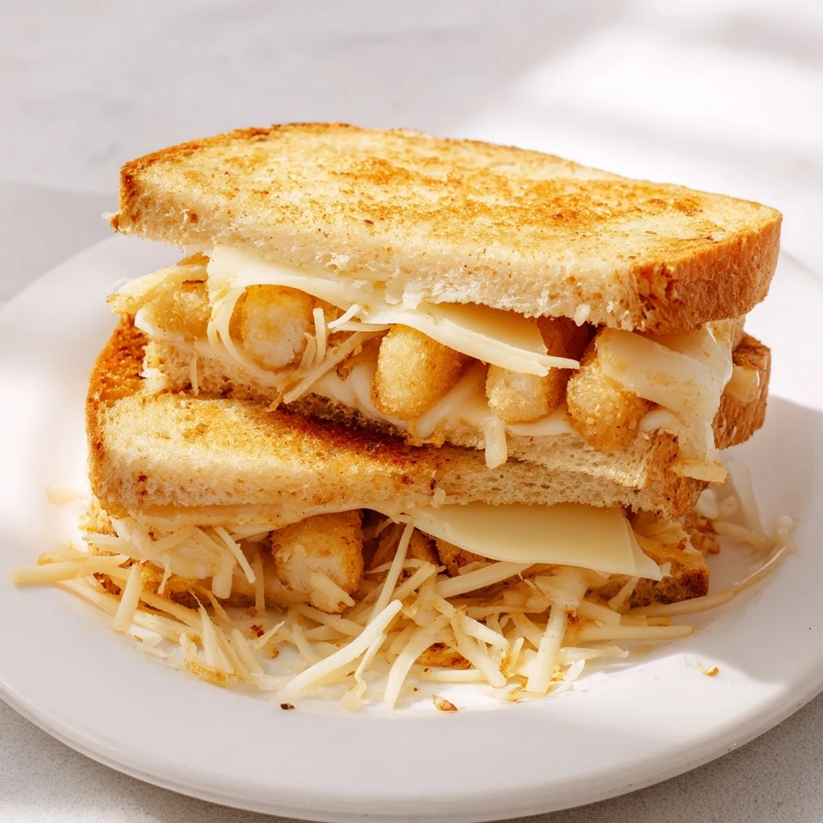Golden, gooey Mozzarella Stick Grilled Cheese, with melted cheese pulling from the bread's golden crust.