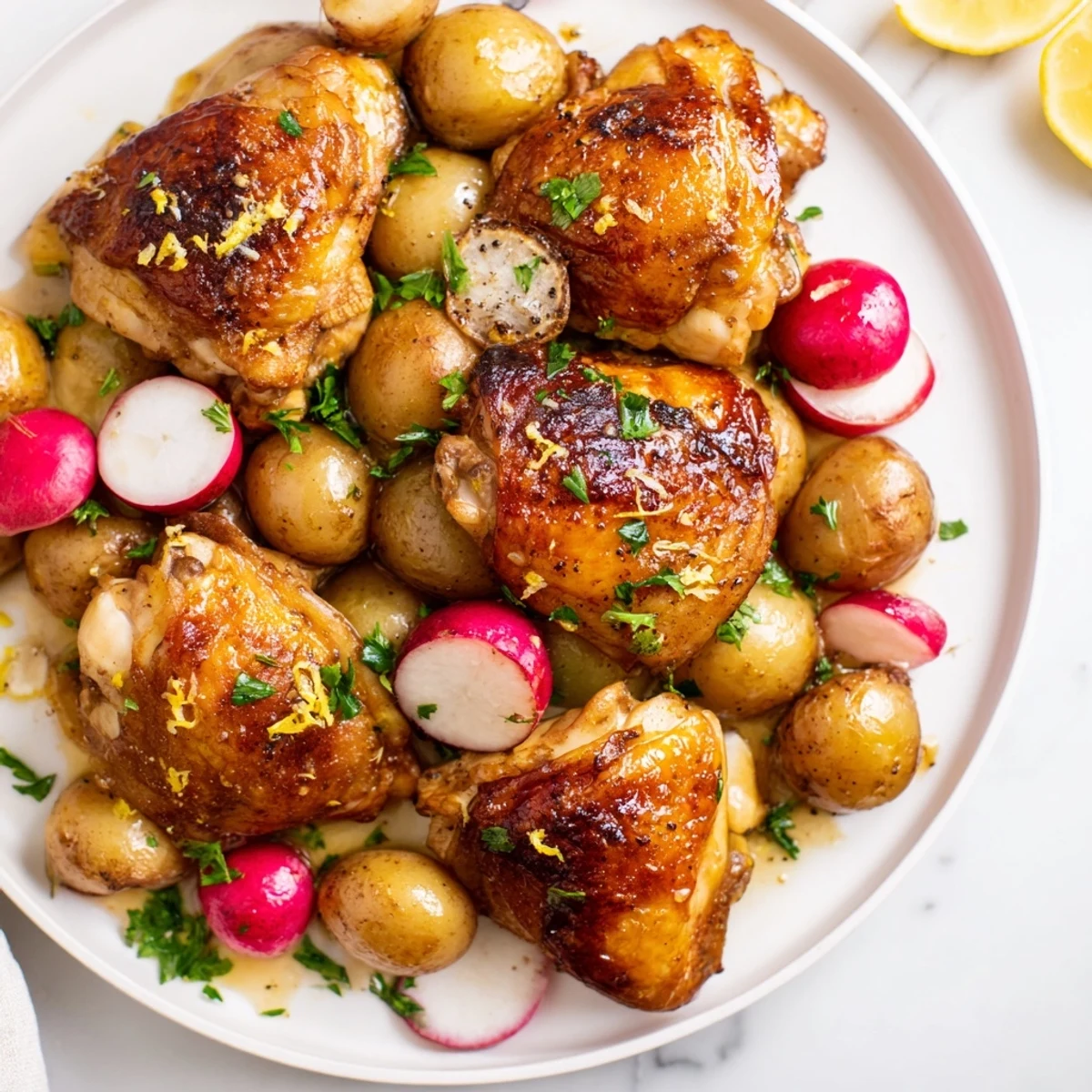 View of a finished Roasted Radish & Chicken Sheet Pan, a complete meal with lemon and parsley garnish.