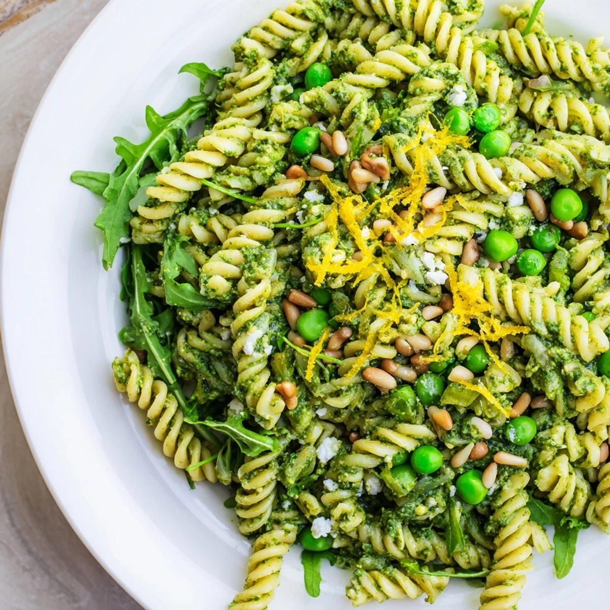 Apetyczna sałatka z zielonym pesto z makaronu, obficie posypana prażonymi orzeszkami pini.