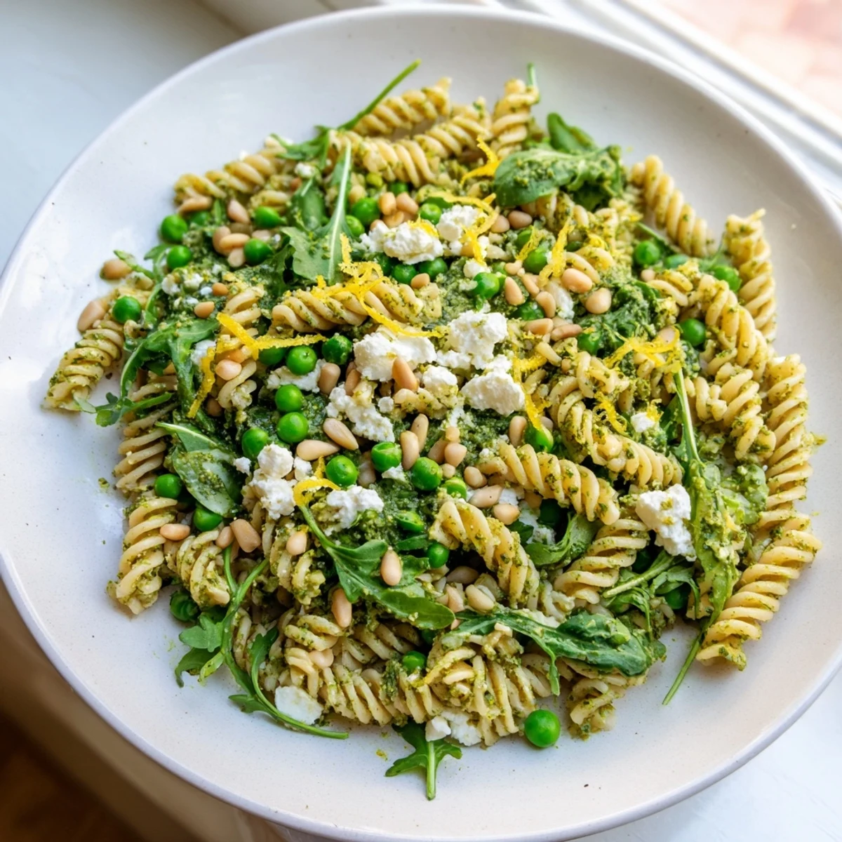 Miska pełna smakowitej sałatki z zielonym pesto z makaronu z dodatkiem świeżych listków rukoli.