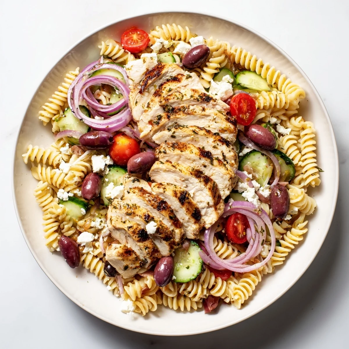 A flavorful Greek Chicken Pasta Bowl with juicy chicken and feta, ready to enjoy.