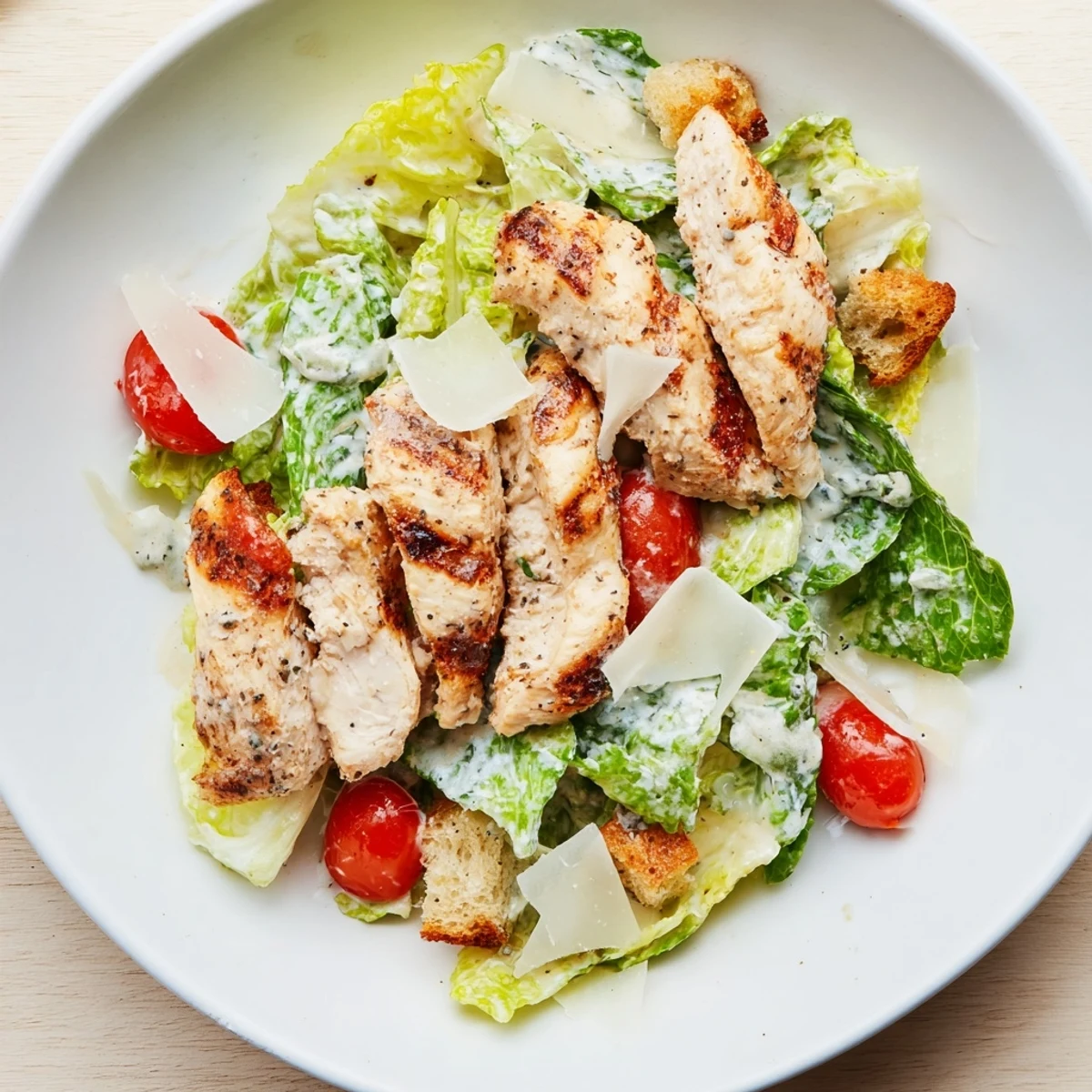 Creamy Greek yogurt dressing coats the fresh romaine in this Yogurt Caesar Grilled Chicken Salad.