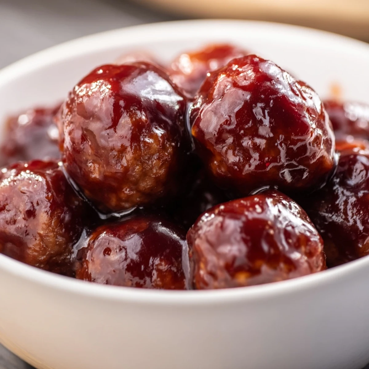 Platter of tender Grape Jelly and Chili Sauce Meatballs glazed in a glossy, tangy-sweet sauce.
