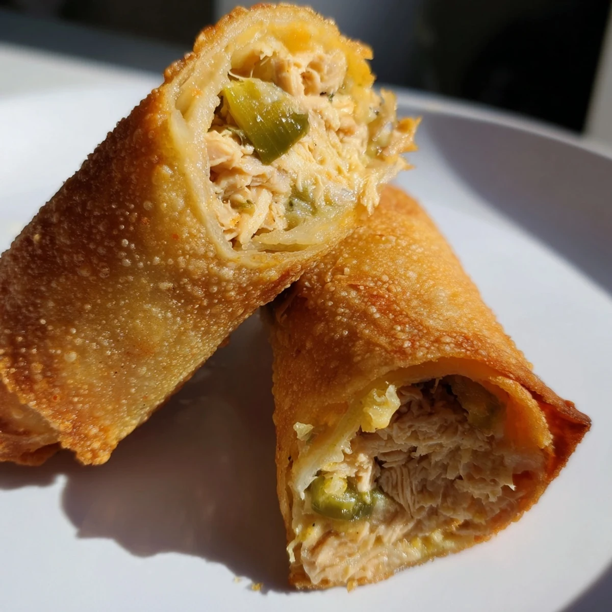 Golden-fried Mini Chicken Chimis with Jalapeño Cream Cheese are stacked on a plate, garnished with chopped cilantro and diced jalapeños.