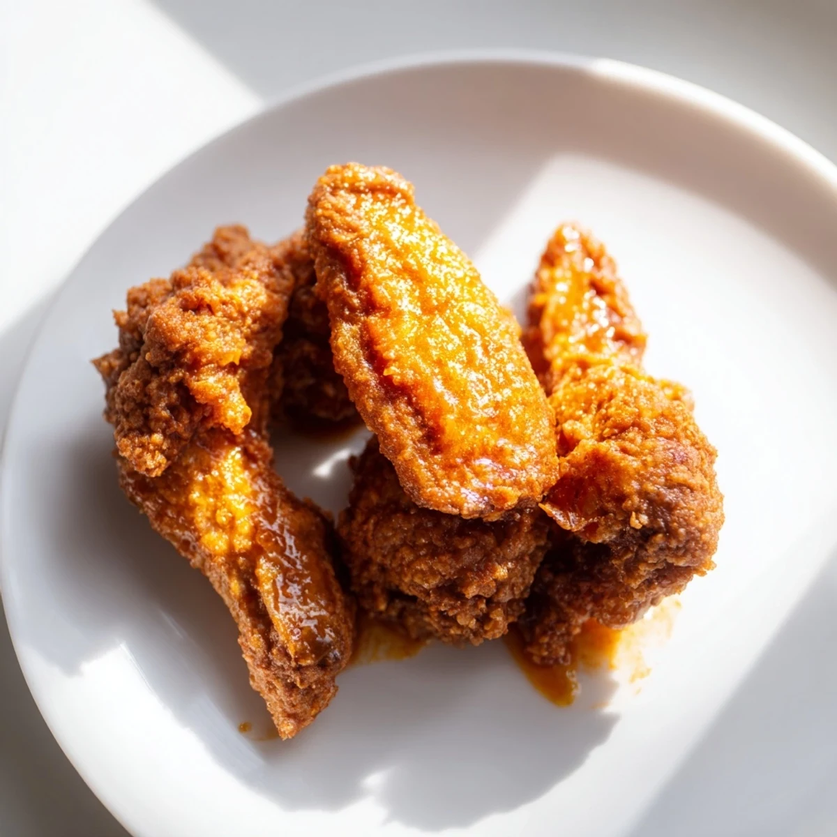 Golden-brown Fried Chicken Wings glistening with Buffalo sauce, served alongside crisp celery sticks and cool blue cheese dip.
