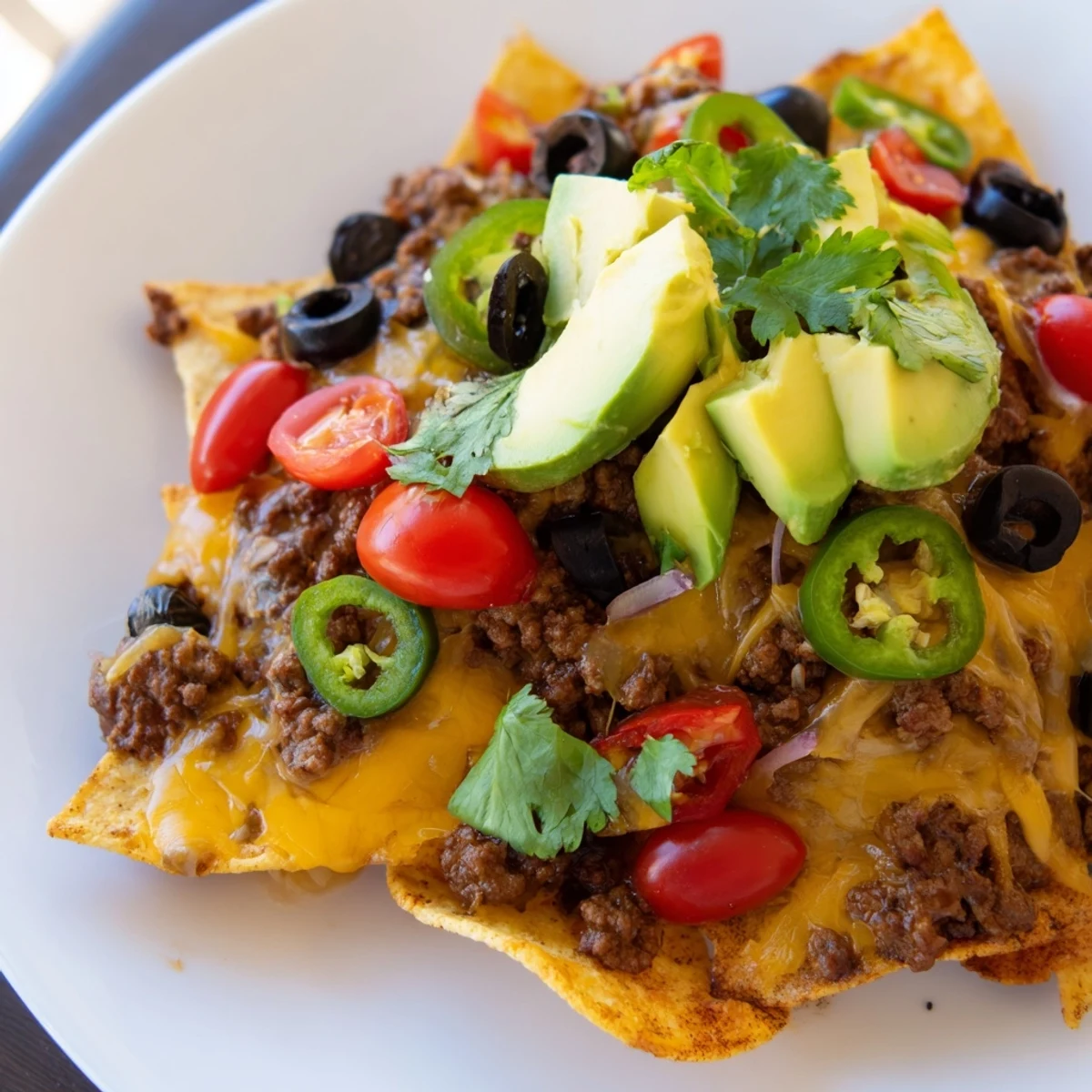 Golden Baked Nachos topped with melted cheddar and Monterey Jack cheese on crispy tortilla chips.
