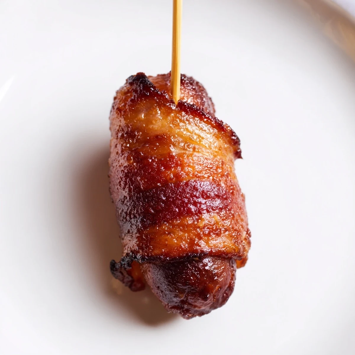 Bacon-Wrapped Smokies glistening with caramelized brown sugar, served warm on a party platter with toothpicks.