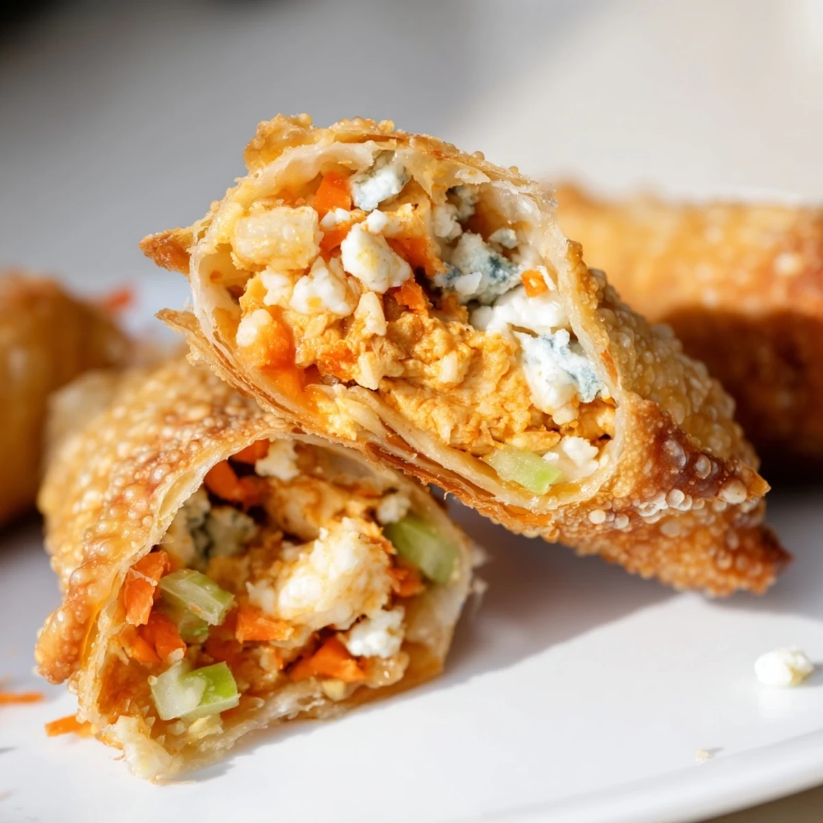 Freshly fried Buffalo Chicken Egg Rolls with a crunchy wrapper and a bold, tangy buffalo filling.