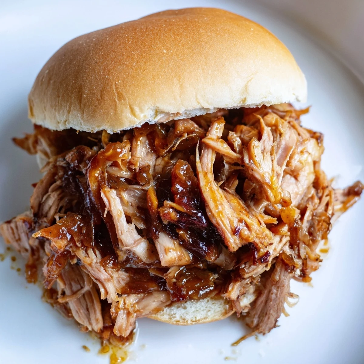 Czytelnik widzi soczyste, rozszarpane mięso wołowe skąpane w gęstym sosie jabłkowym, posypane przyprawami i ułożone na chrupiącej, maślanej bułce, z dodatkiem kremowej surówki.