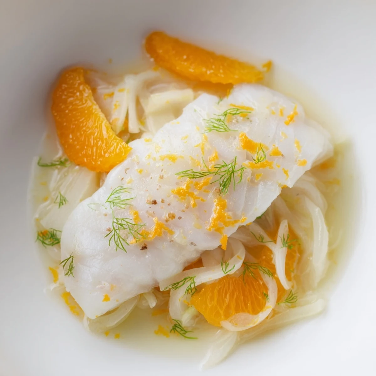Freshly poached cod with fennel and orange served on a white plate, garnished with fennel fronds and a slice of orange.