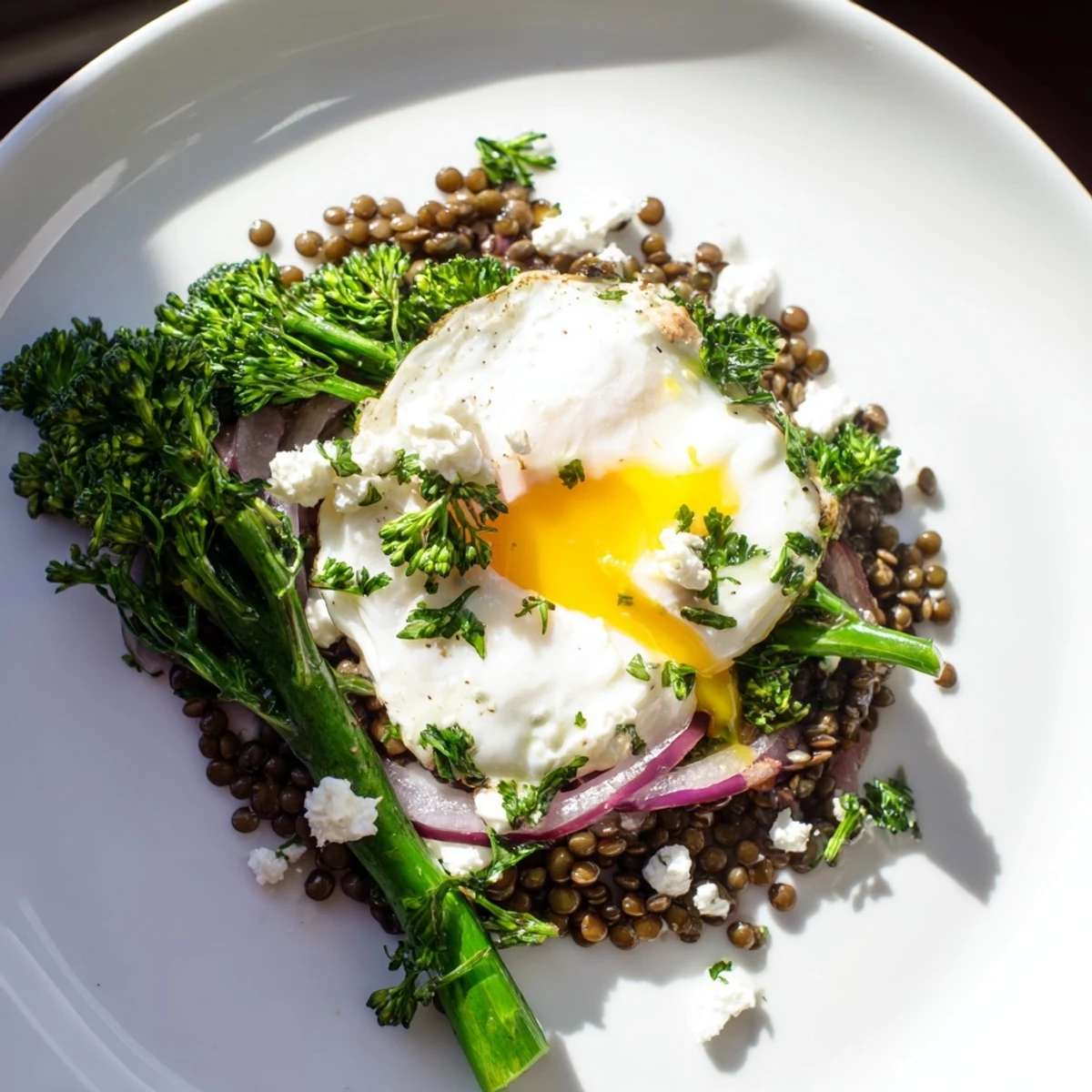 Serving suggestion for French Lentil Salad With Broccolini and Soft-Cooked Eggs, plated with a crisp Sauvignon Blanc beside it.