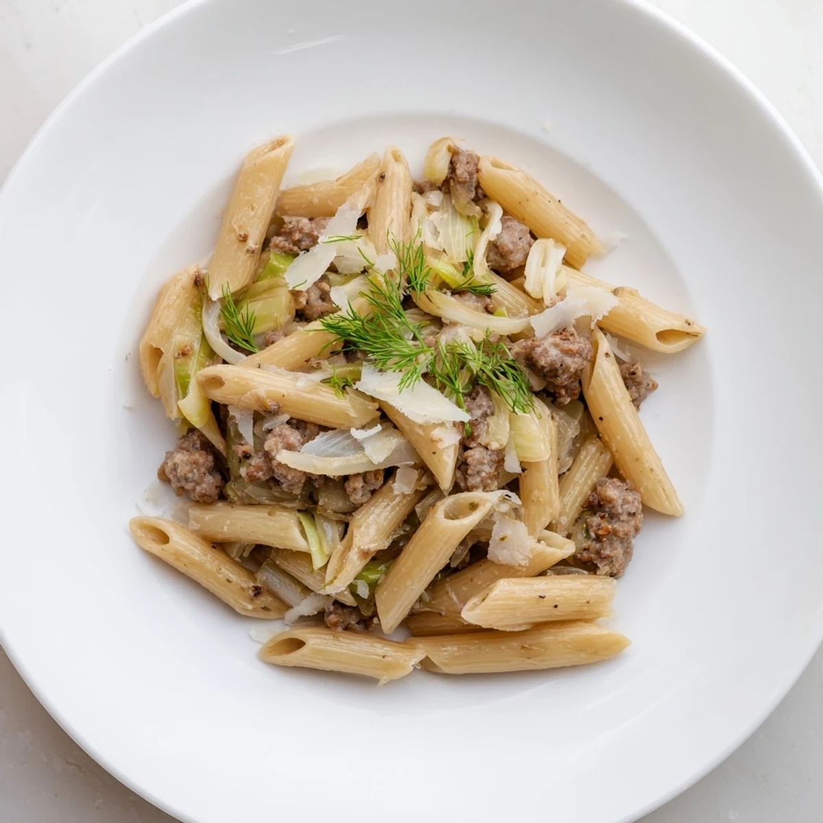 Zimowy makaron z kiełbasą i koprem włoskim w misce, idealna propozycja na szybki i rozgrzewający obiad.