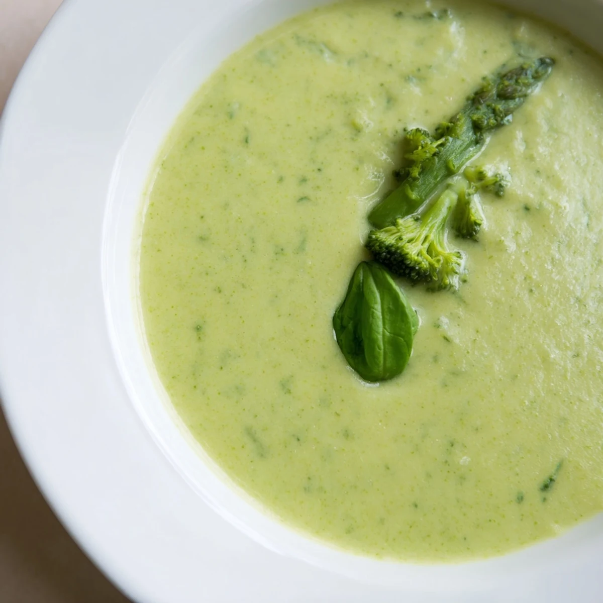 Smooth, creamy bowl of Big Green Immunity-Boosting Vegetable Soup garnished with fresh spinach, ready to serve.