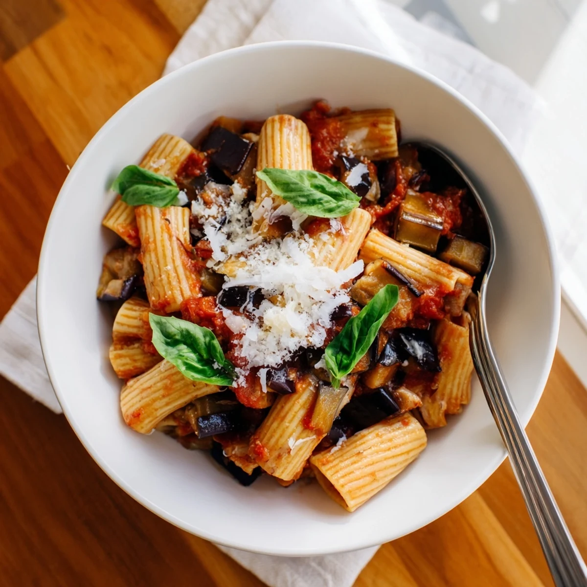 Rigatoni tossed in a rich, chunky tomato sauce for the classic Pasta Alla Norma.